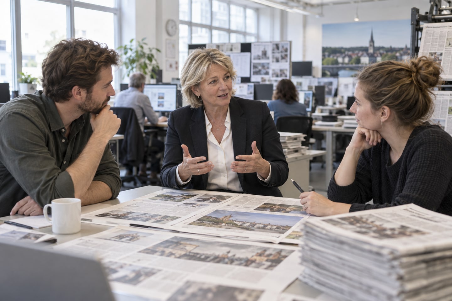 Verlagsleiterin bespricht Zeitungsausgaben mit ihrer Redaktion Verlagsleiterin bespricht Zeitungsausgaben mit ihrer Redaktion