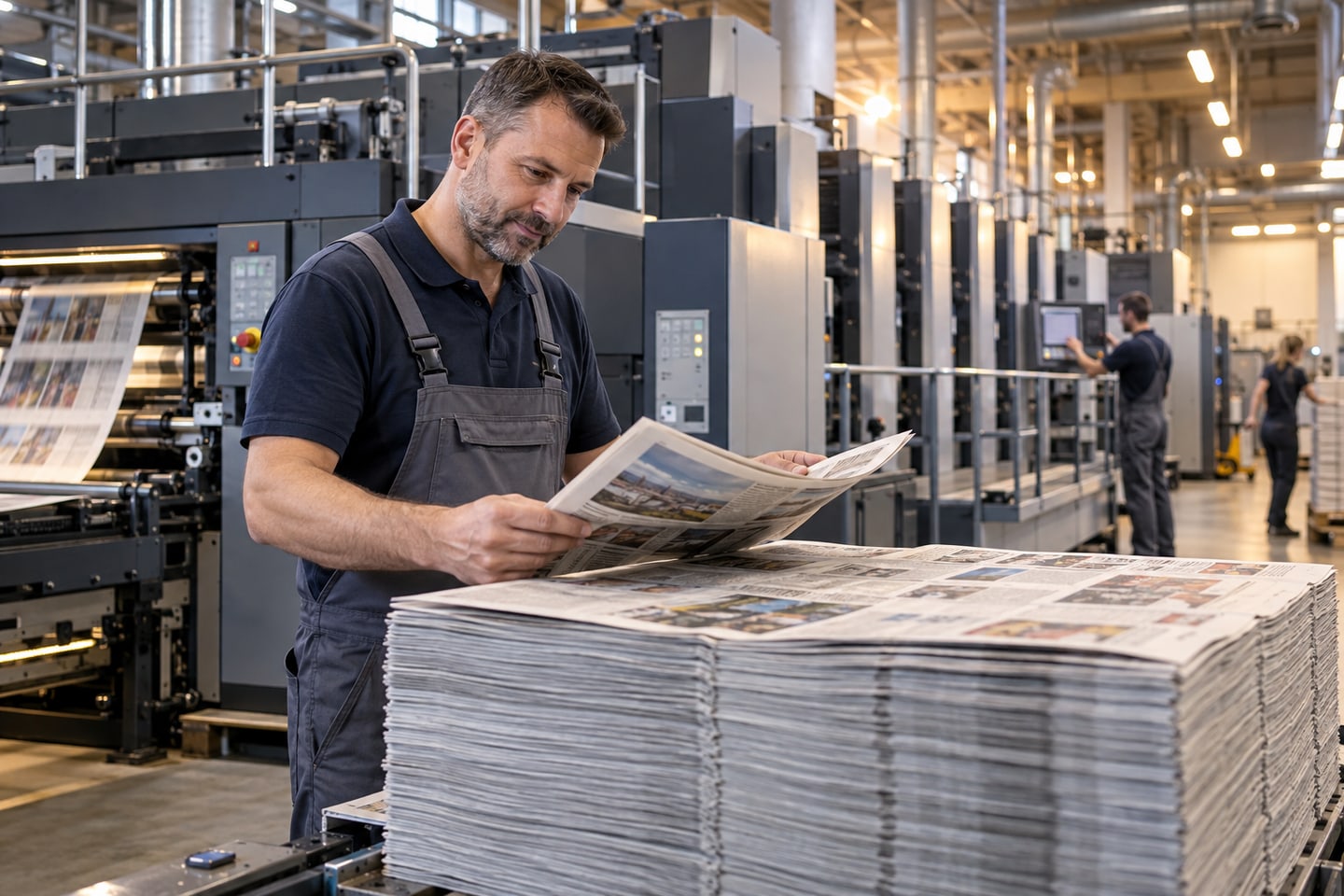 Mitarbeiter einer Druckerei kontrolliert frisch produzierte Zeitungen Mitarbeiter einer Druckerei kontrolliert frisch produzierte Zeitungen